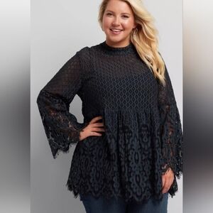 Lane Bryant Black Lace Bell Sleeve Tunic Top 14 Mock Neck Peplum Whimsigoth